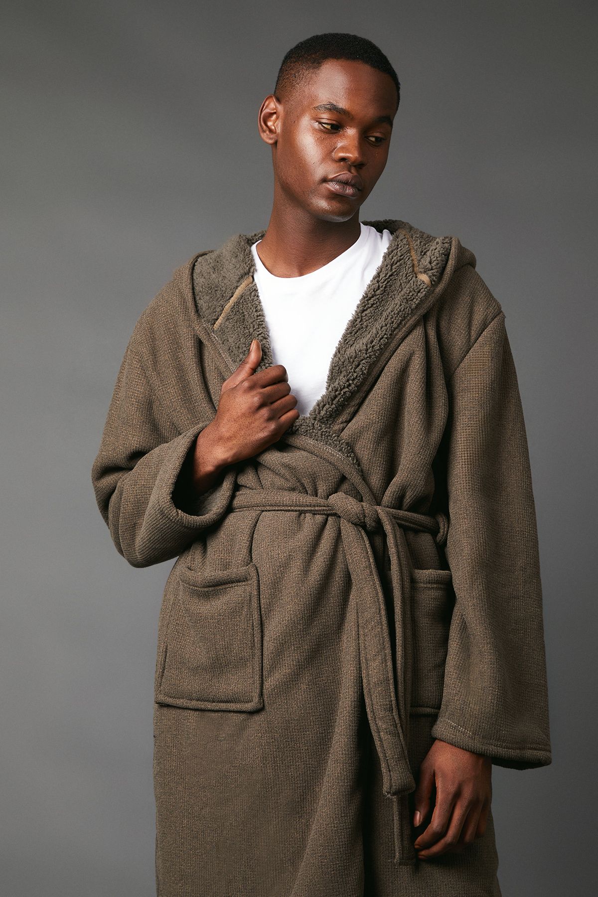 Khaki Waffle Bonded Fleece Lined Hooded Dressing Gown