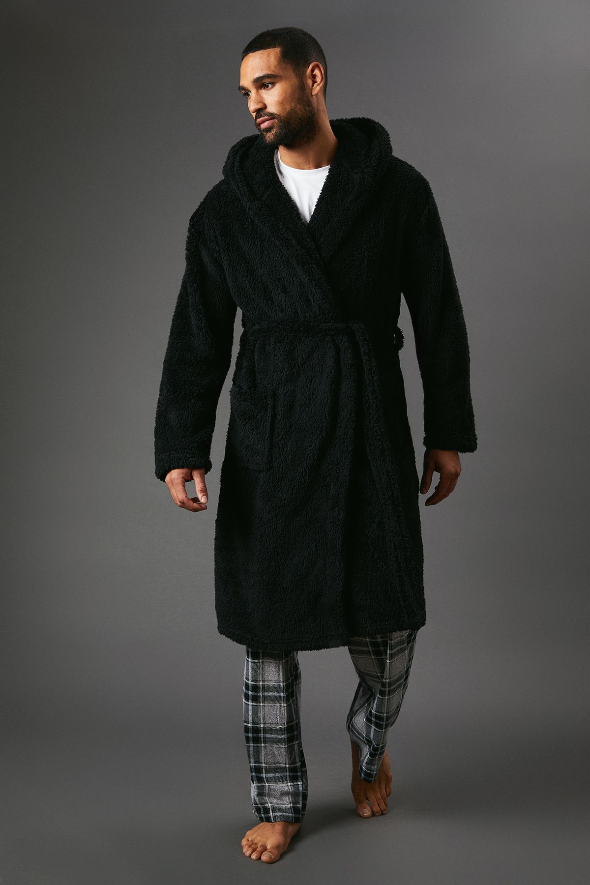 Black Chunky Sherpa Hooded Dressing Gown