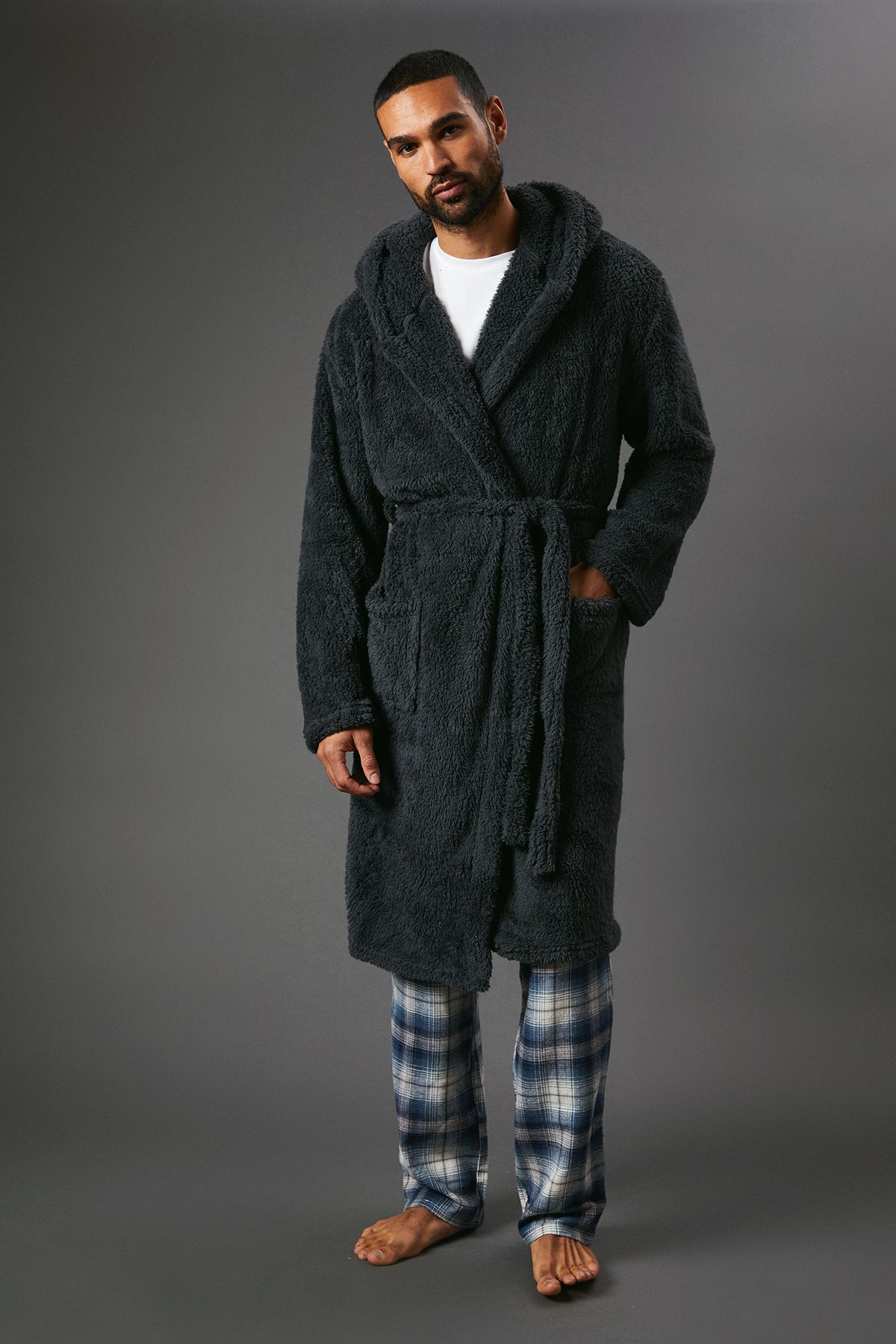 Grey Chunky Sherpa Hooded Dressing Gown