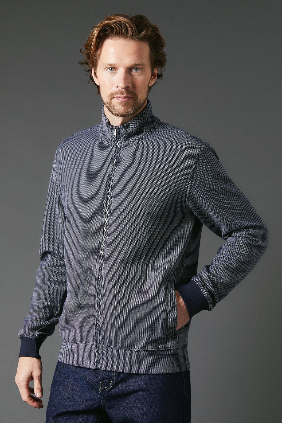 Navy Birdseye Zip Through Sweat