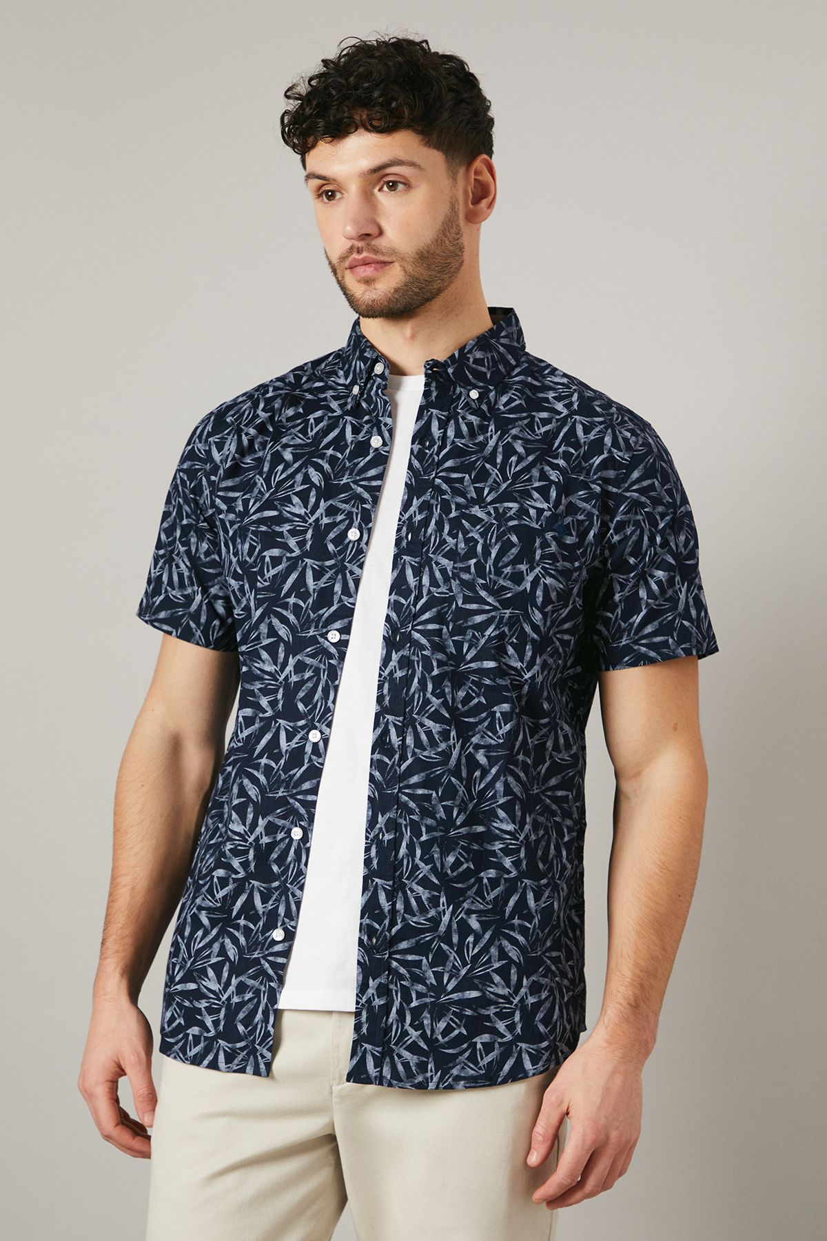 Black Palm Print Short Sleeve Shirt