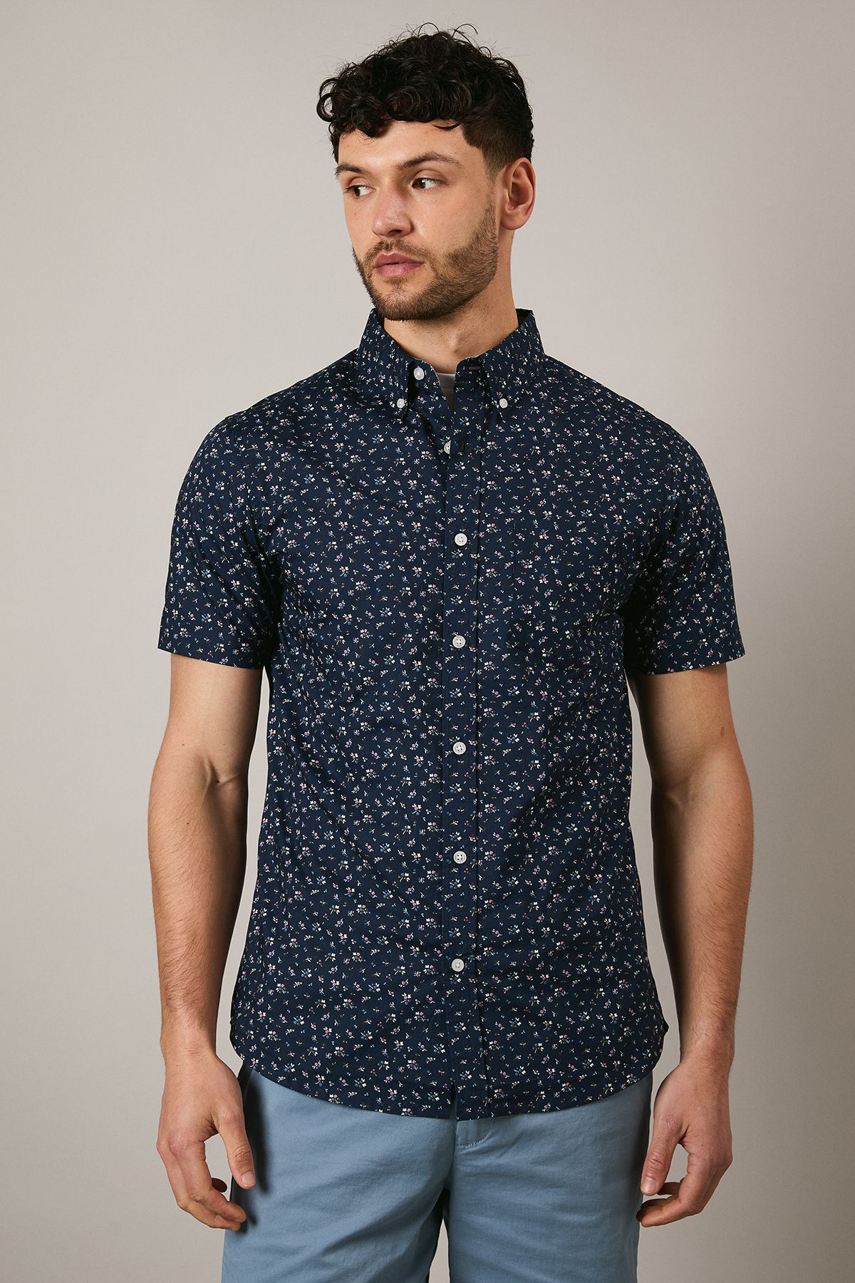 Black Ditsy Floral Print Short Sleeve Shirt