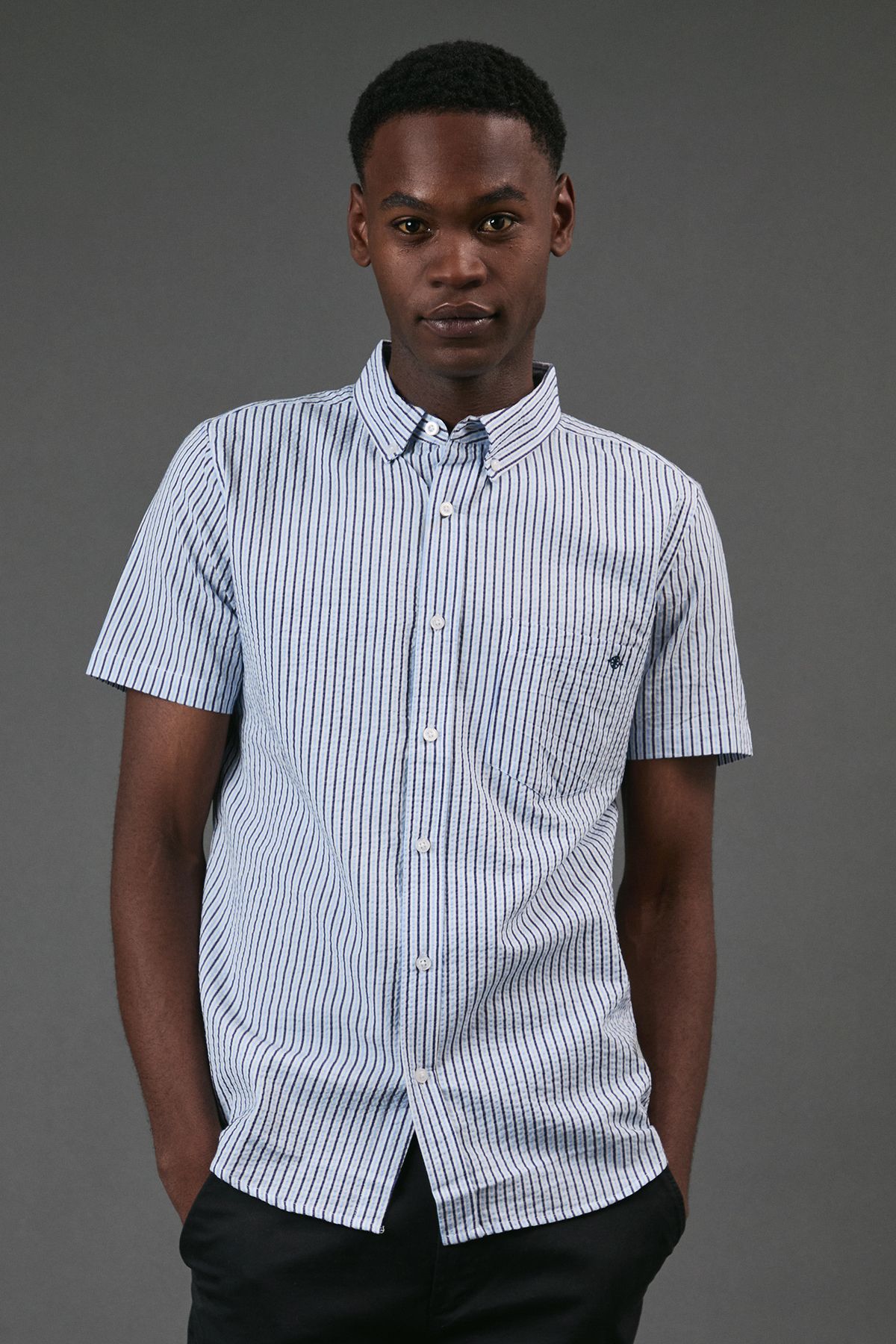 Blue Seersucker Multi Stripe Short Sleeve Shirt