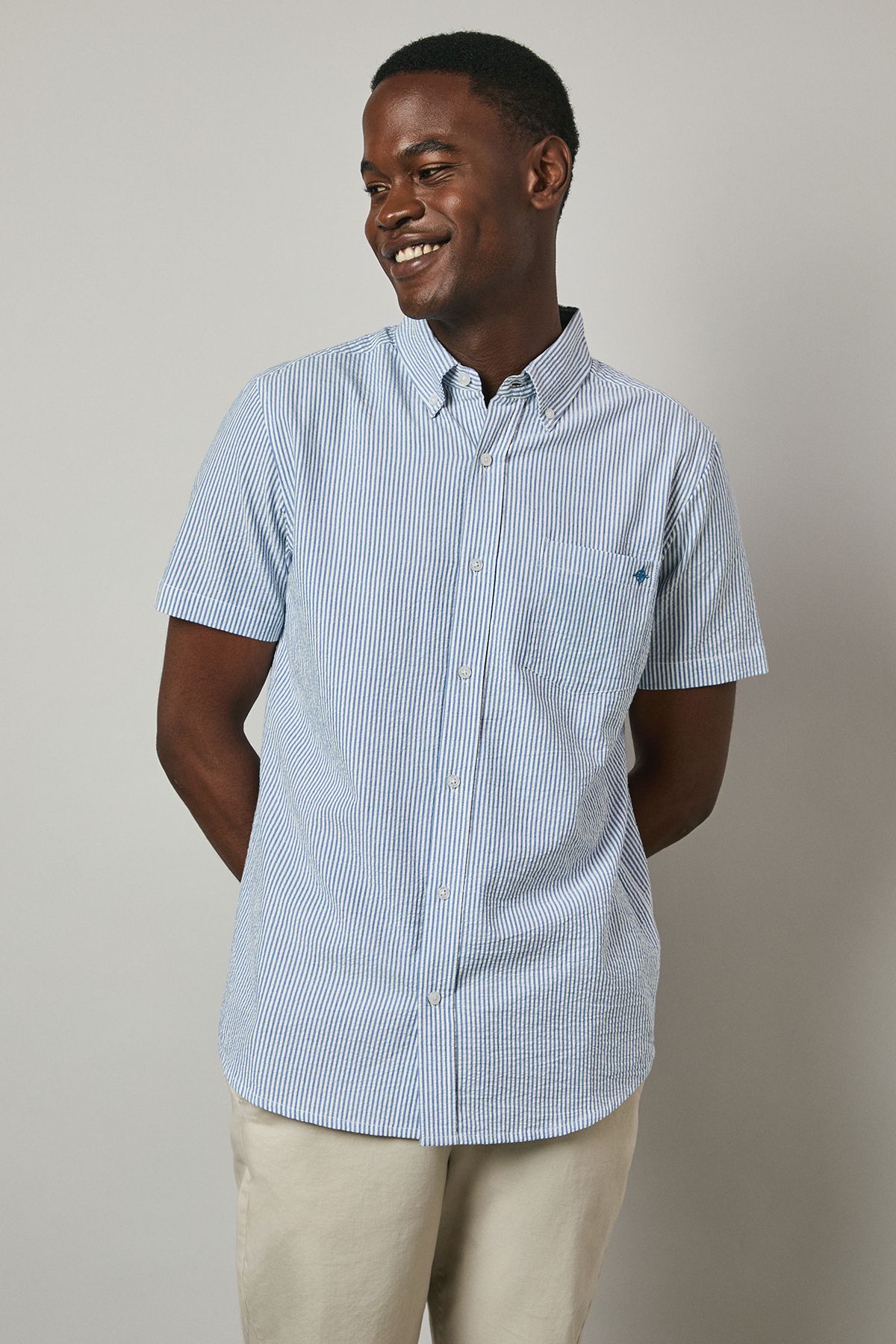 Blue Seersucker Stripe Short Sleeve Shirt