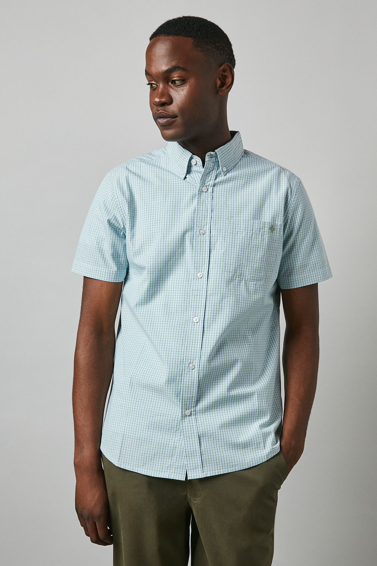 Green Micro Grid Check Short Sleeve Shirt