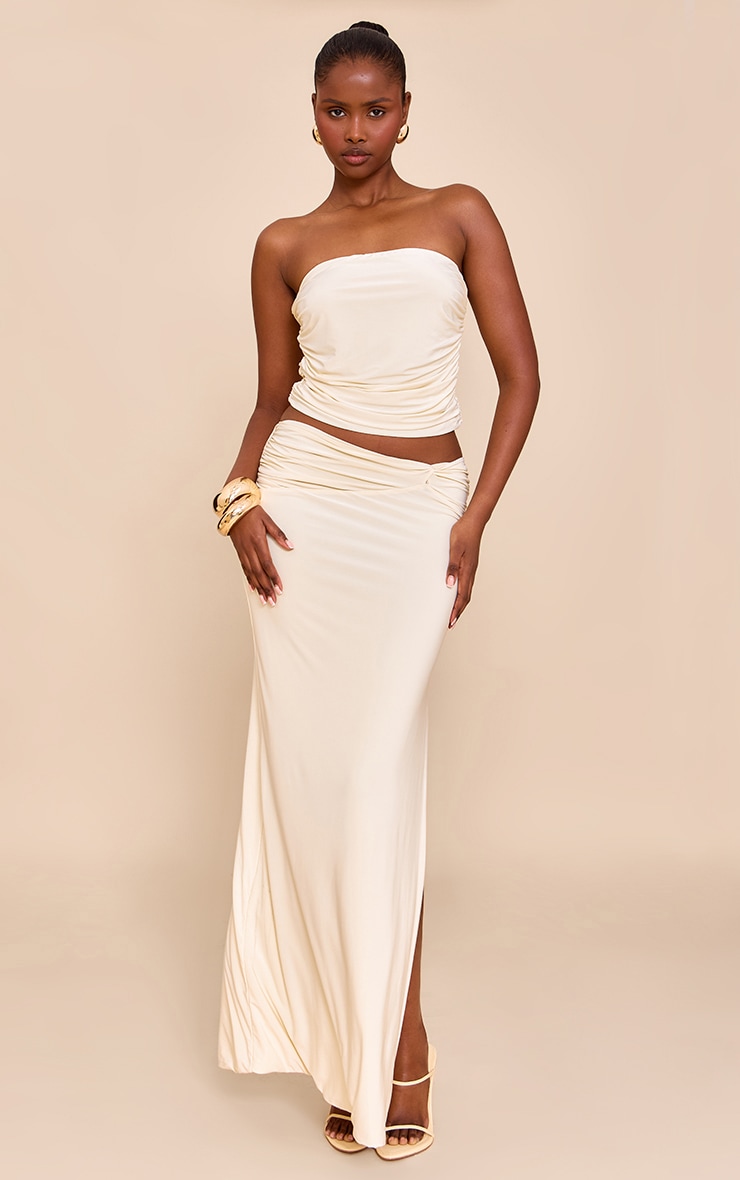 Almond Double Layer Slinky Twist Detail Maxi Skirt