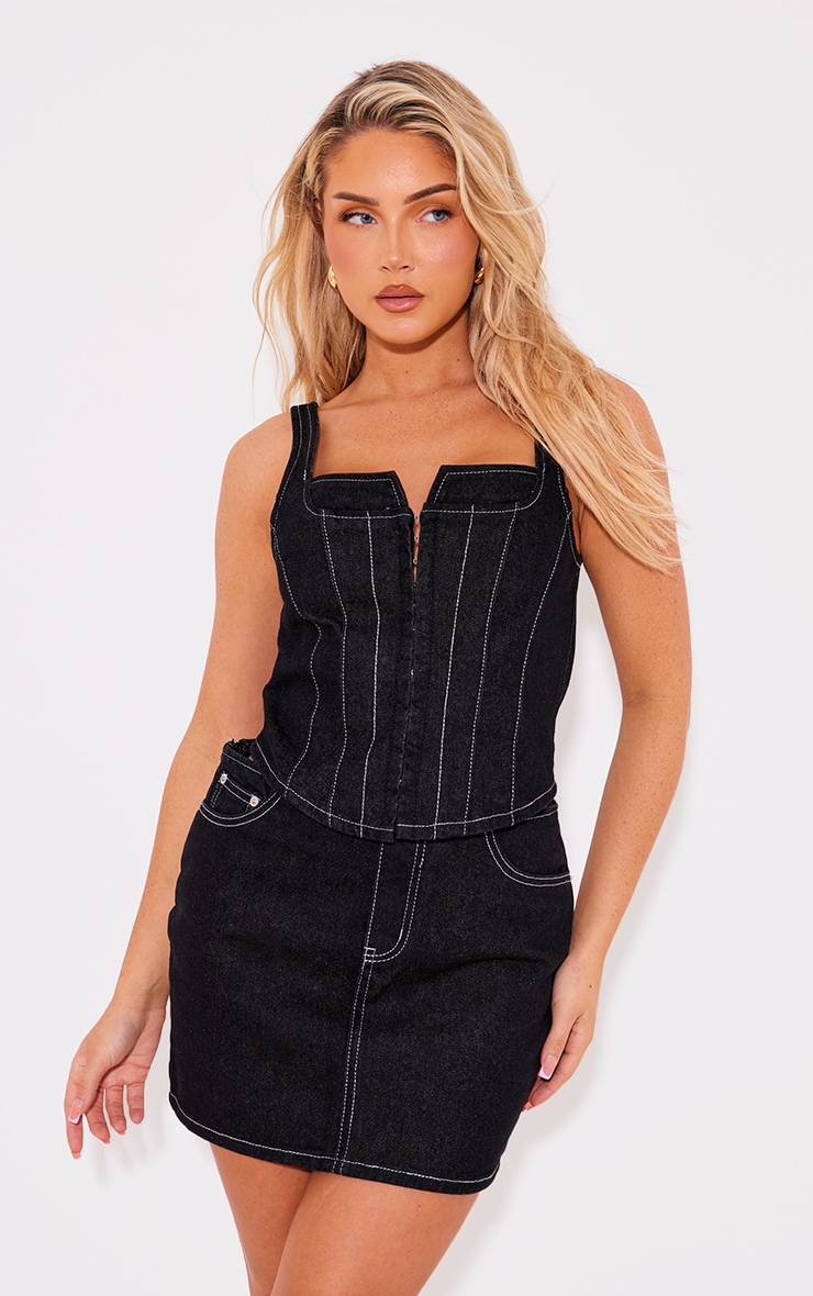 Black Denim Corset Contrast Stitch Top