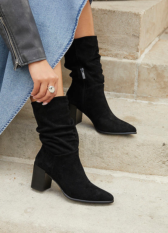 Linzi Wisteria Black Suede Western Style Ruched Boots with Leather Stacked Heel