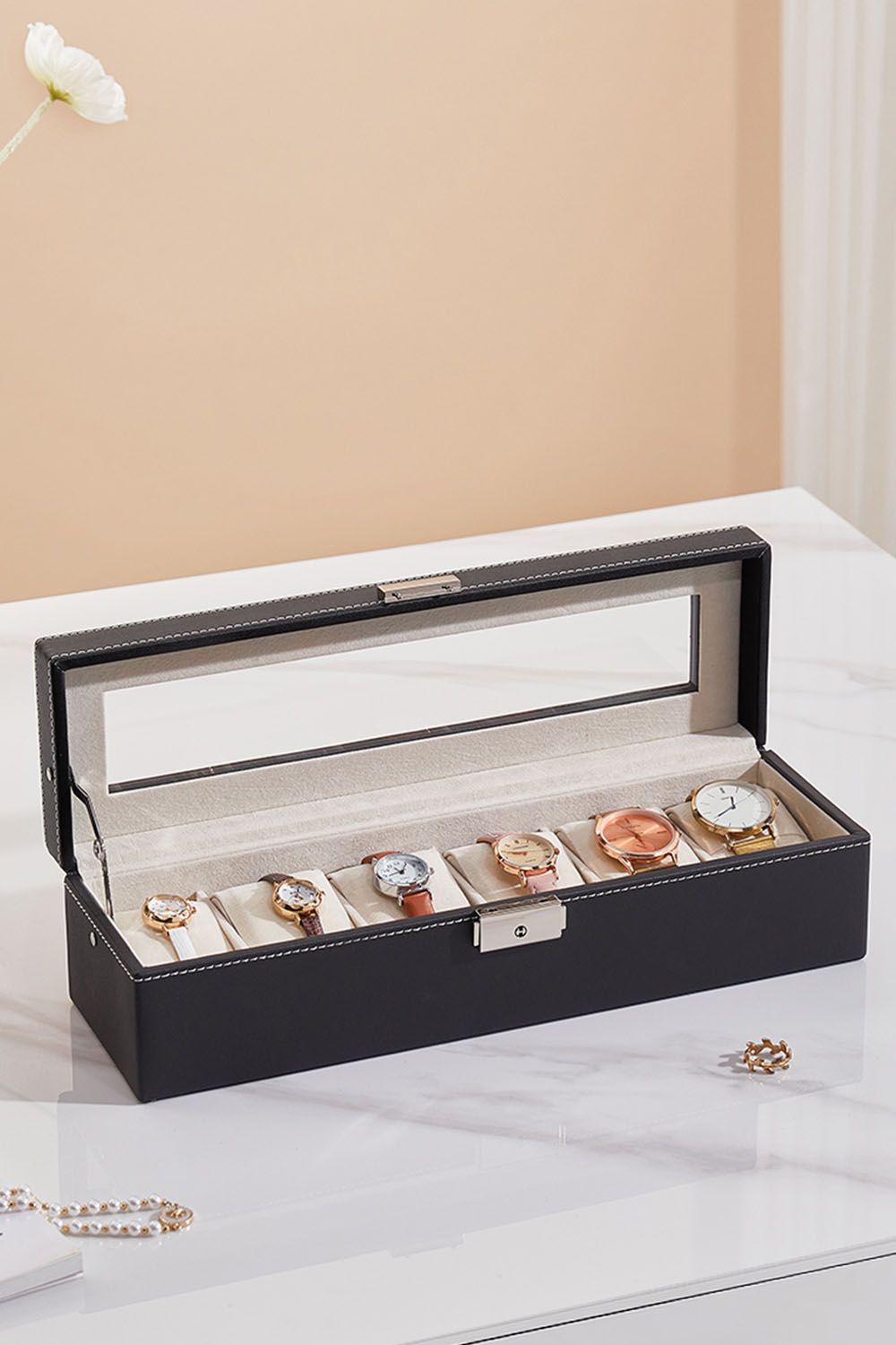 6-Slot Elegant Faux Leather Watch Display Case