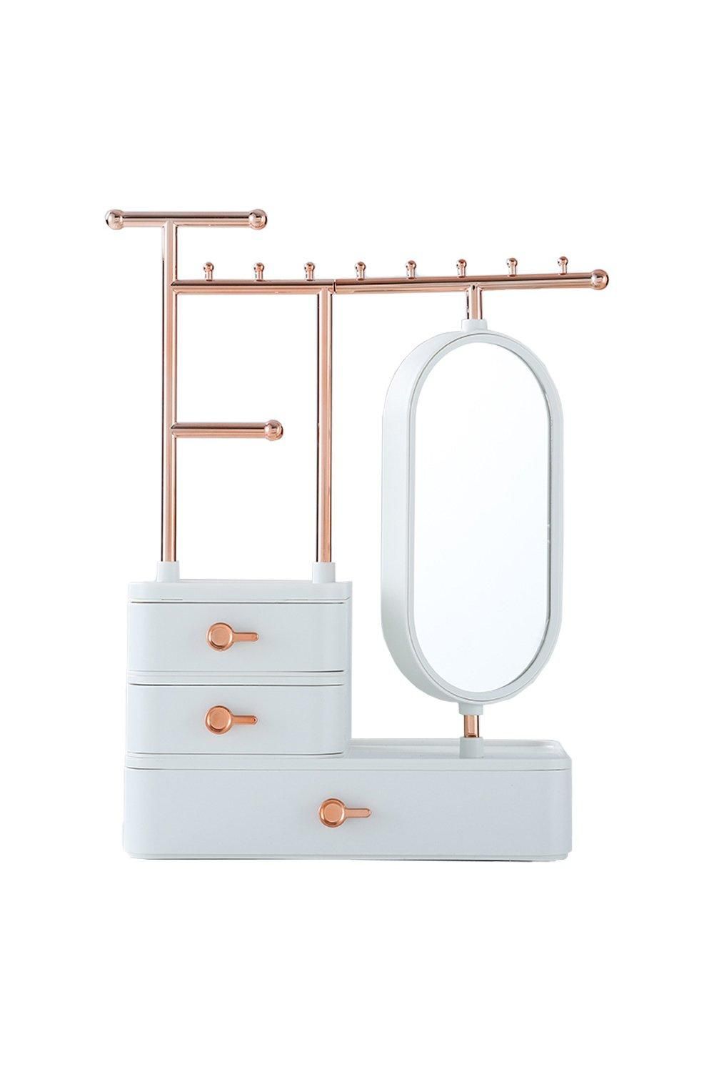 Chic Makeup Storage Box Jewelry Display Stand with Rotating Mirror and Hanging Rod
