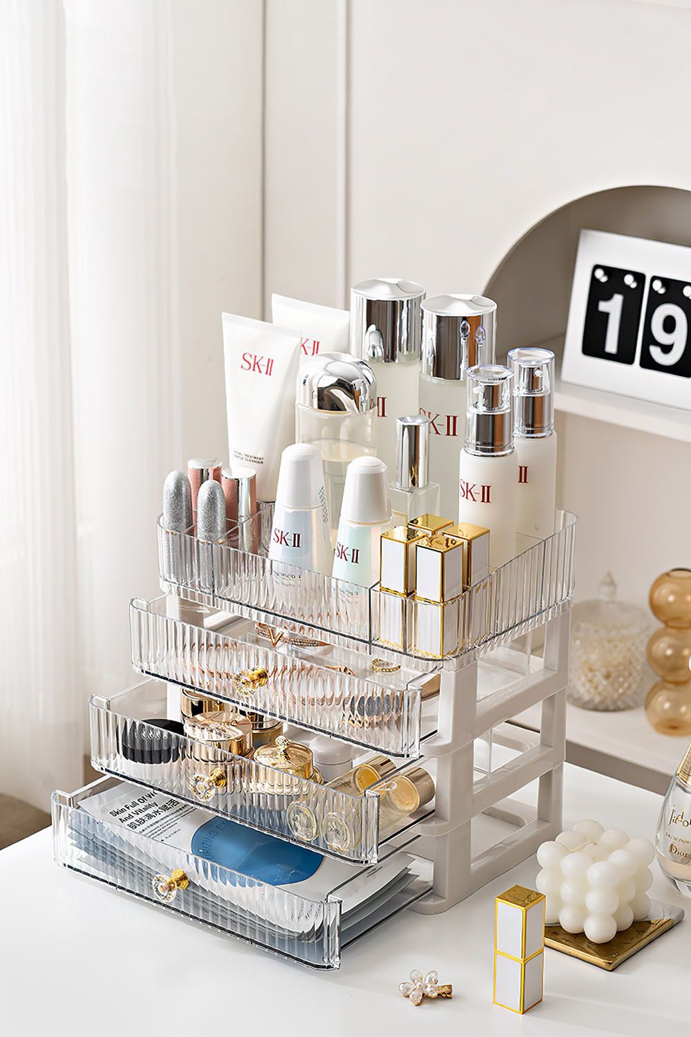 4-Tier Transparent Makeup Organizer with Drawers