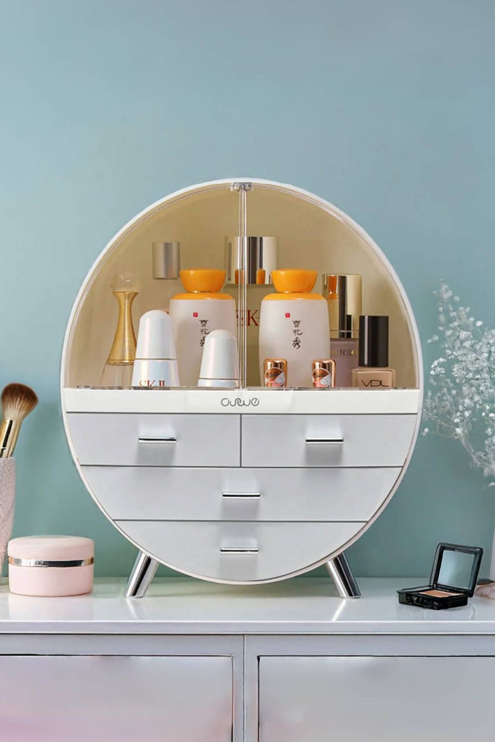 Dual-layer Round Cosmetic Organizer Makeup Storage Box with 4 Drawers Dustproof