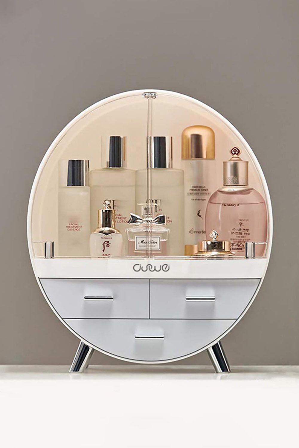 34CM High Round Transparent Cosmetic Display Box With 3 Drawers Storage Box