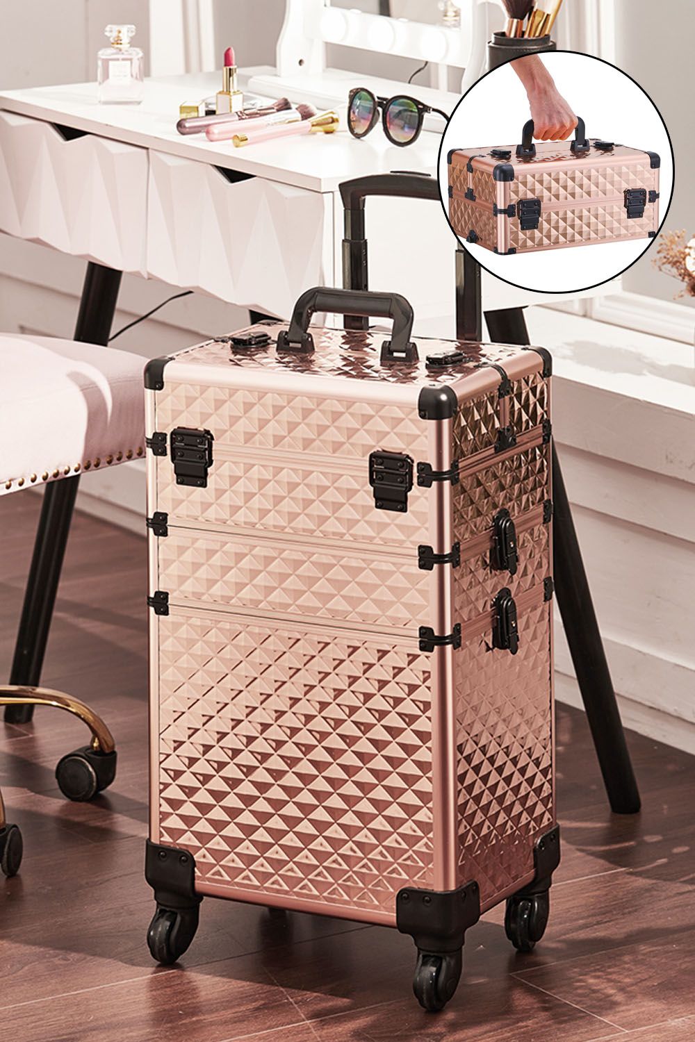 3 in 1 Portable Rolling Makeup Train Case Professional Large Storage Cosmetic Trolley