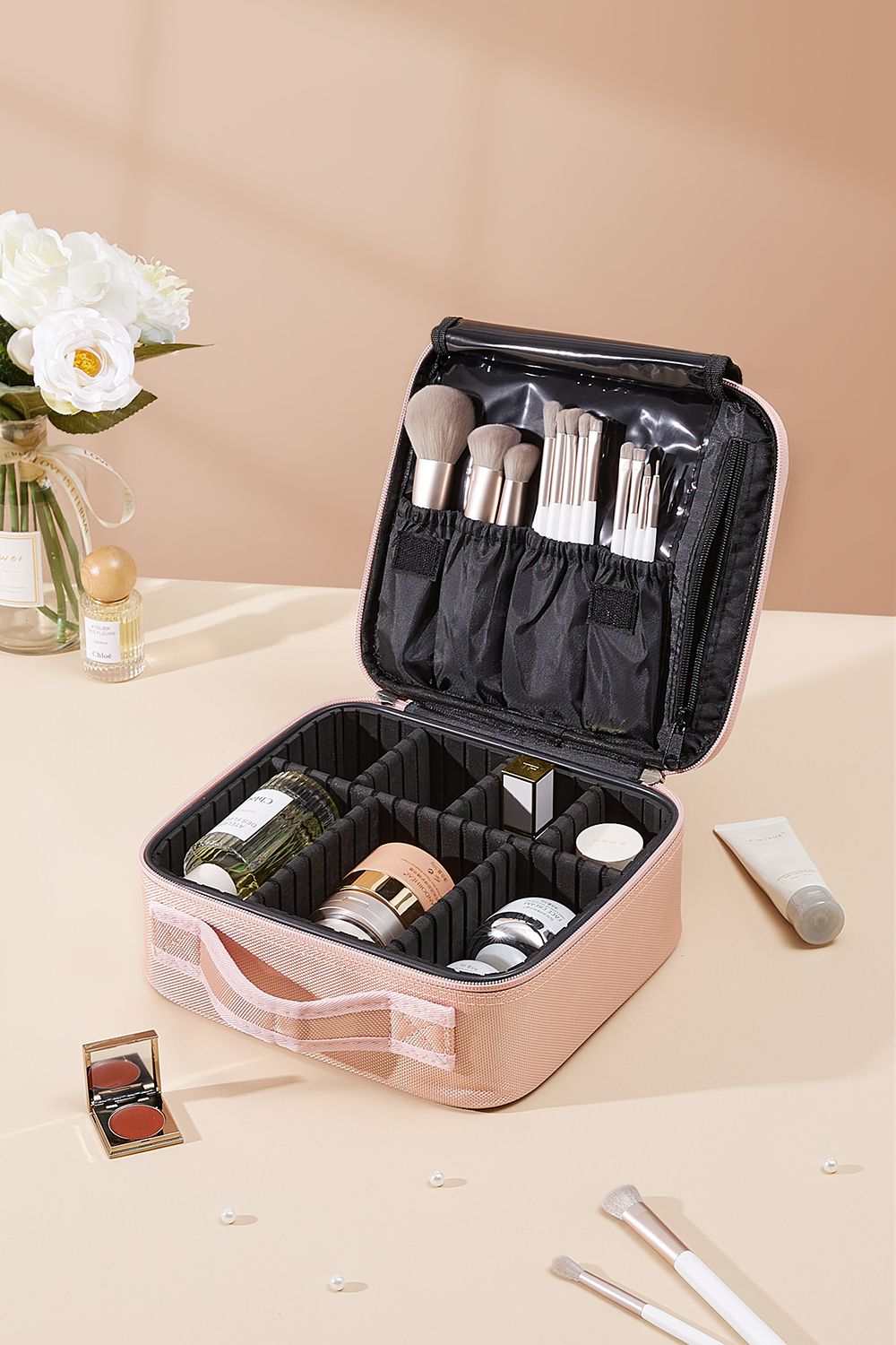 Waterproof Vanity Travel Makeup Storage Cosmetic Bag Organizer with Adjustable Compartment