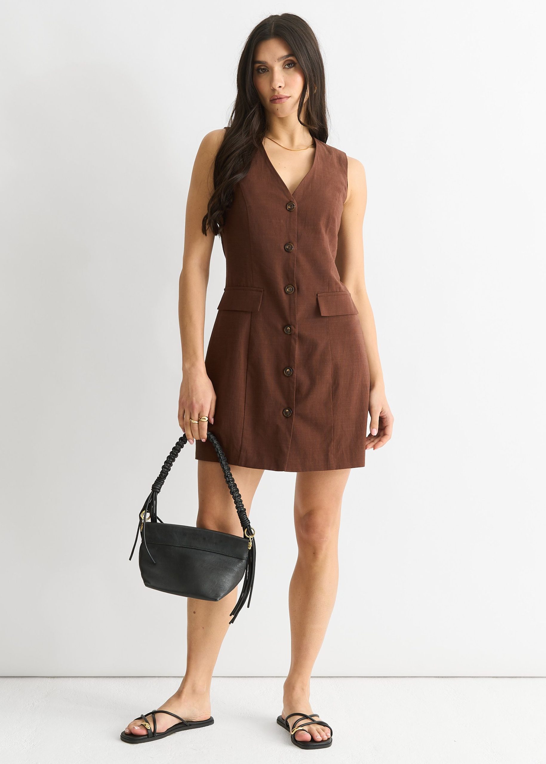 Chocolate Linen Button Through Mini shirt Dress