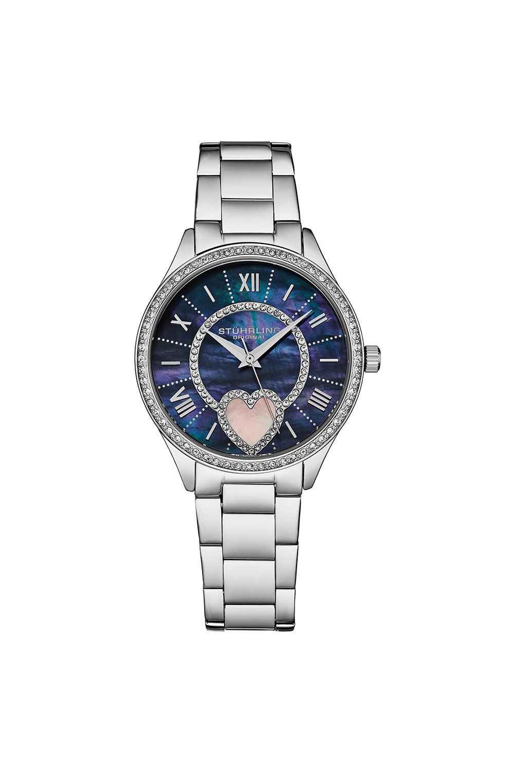 4019 Women's Heart Themed Watch: Quartz Crystal, Blue Mother of Pearl Dial, and Stainless Steel Band"