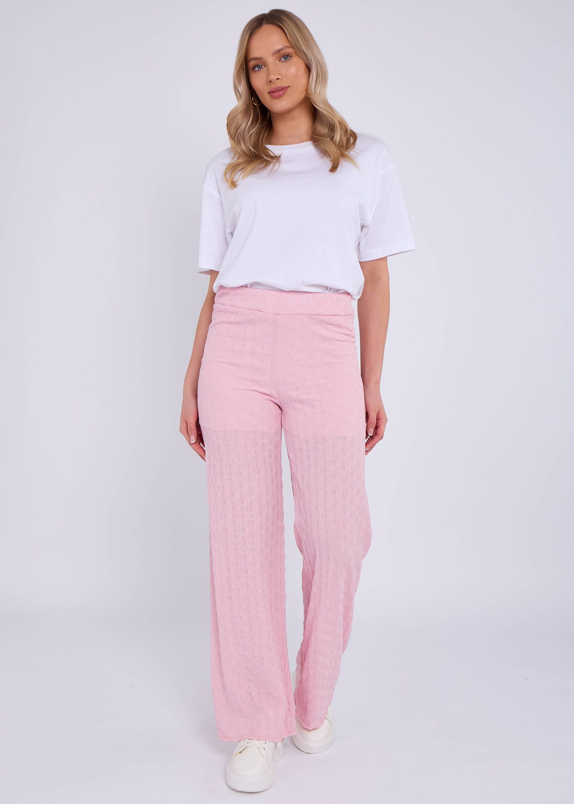 Pink Textured Elasticated Waist Flared Trousers