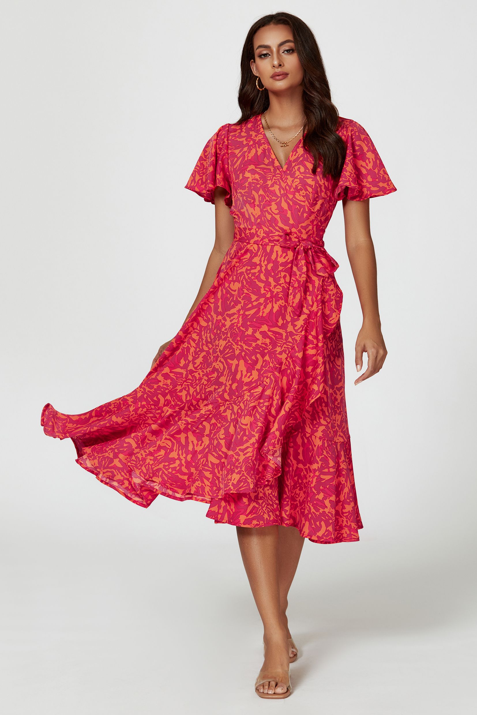 Abstract Print Midi Wrap Dress In Fuchsia