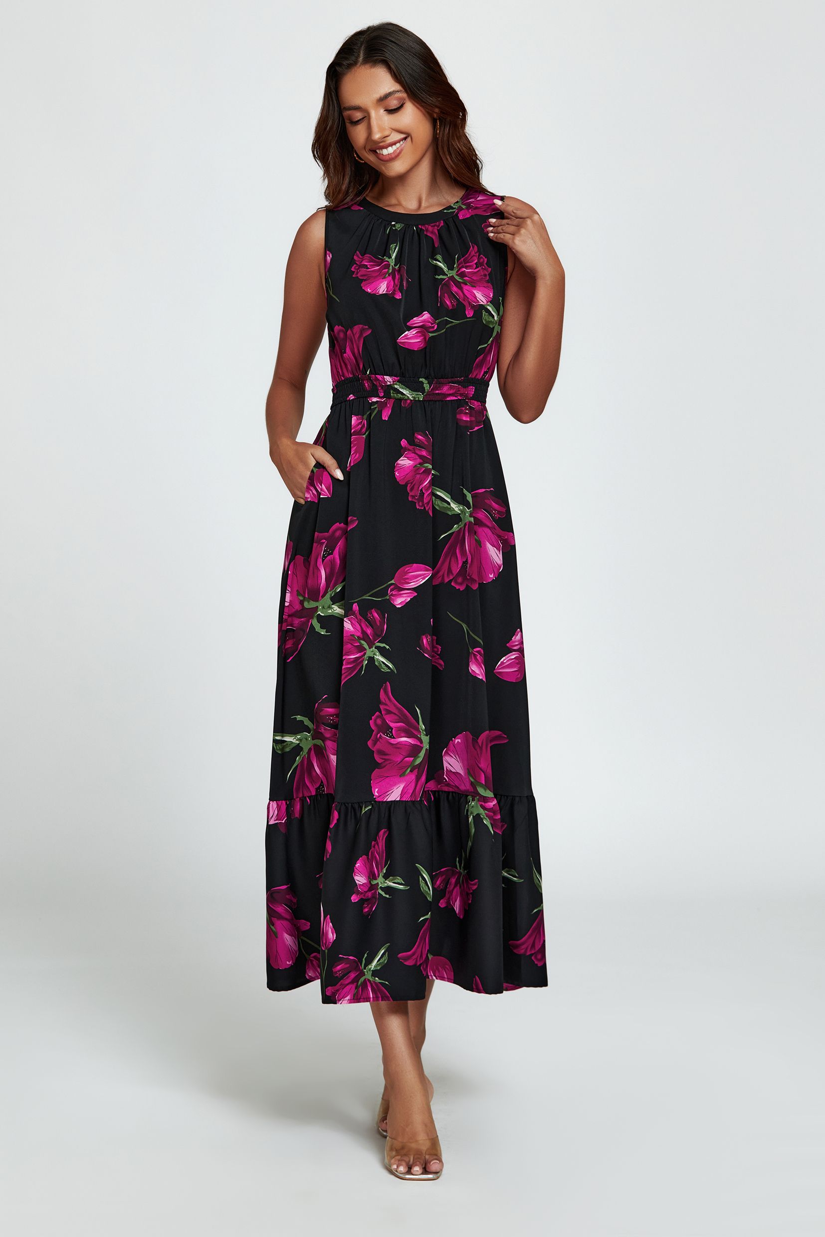 Floral Print Halterneck  Maxi Dress In Black