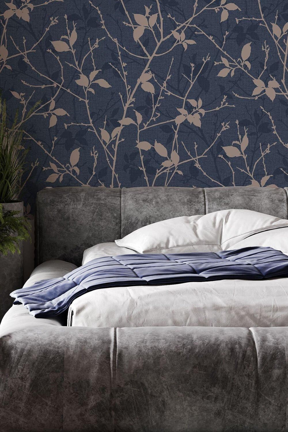 Boutique Belle Navy/Copper Leaves Wallpaper