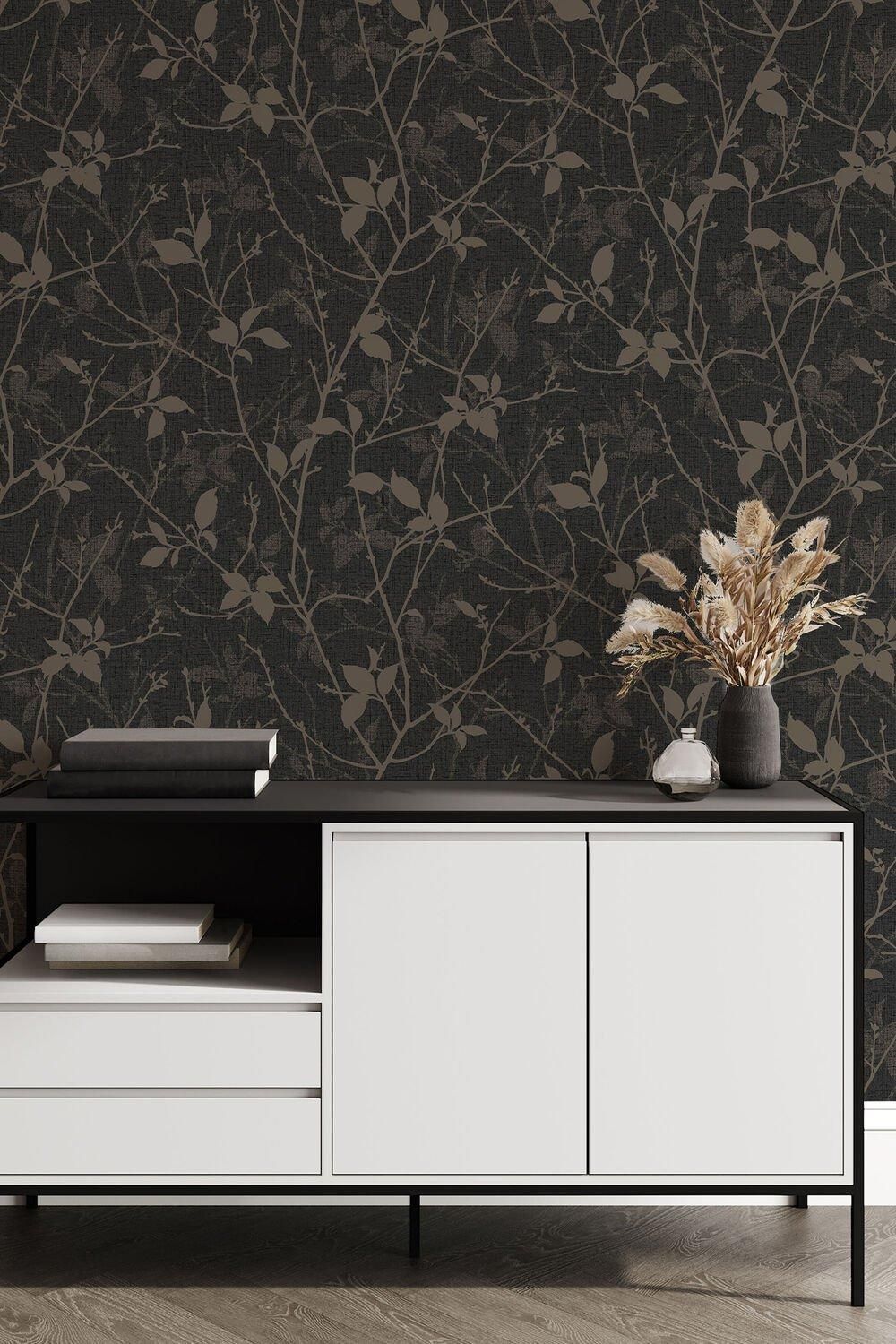 Boutique Belle Charcoal/Gold Leaves Wallpaper