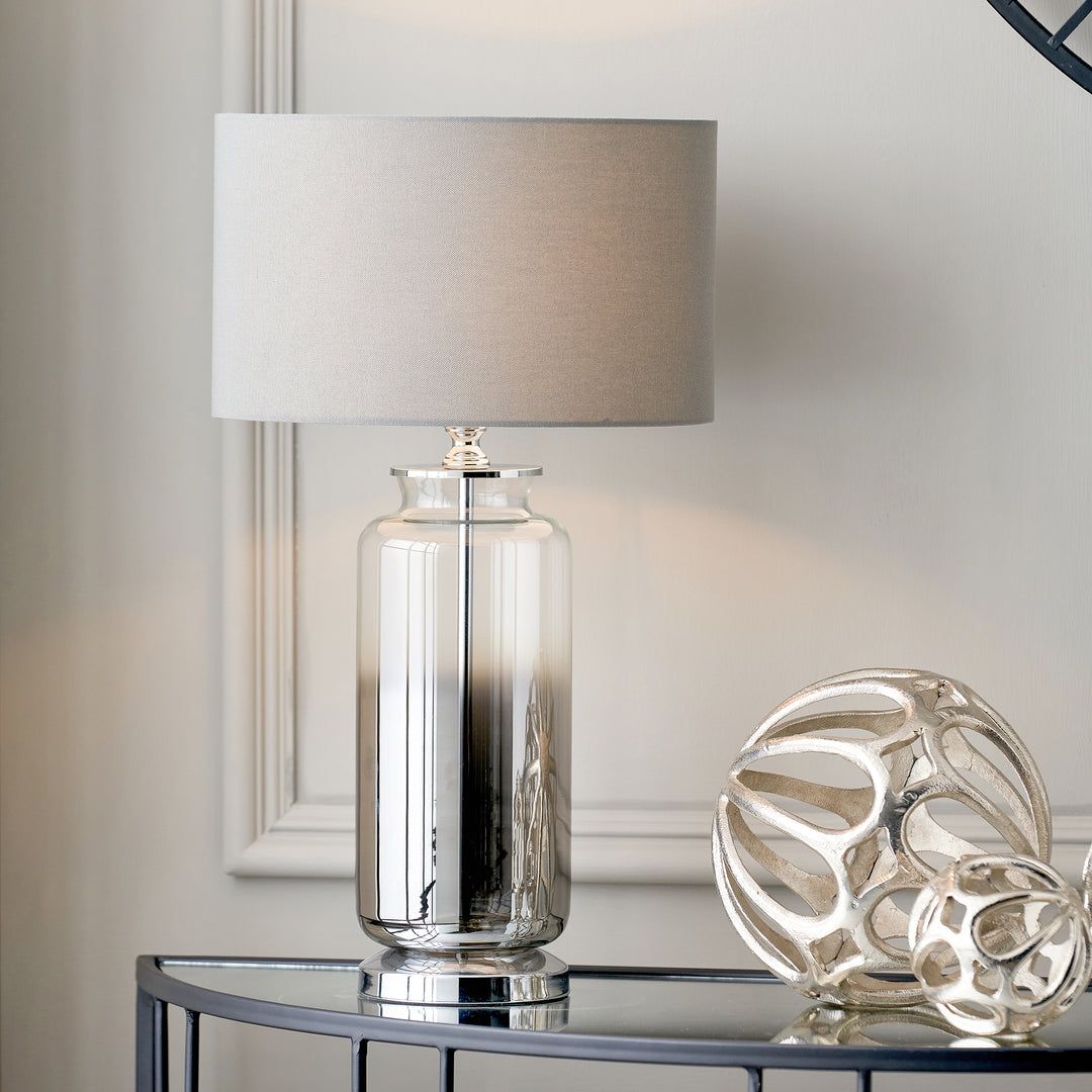 Glass Cylinder Table Lamp With Gold Detail and White Lampshade