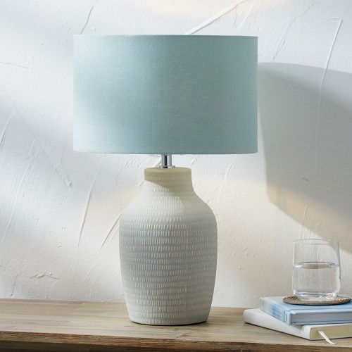 Duck Egg Blue Scandi Textured Ceramic Table Lamp Nordic Line Pattern