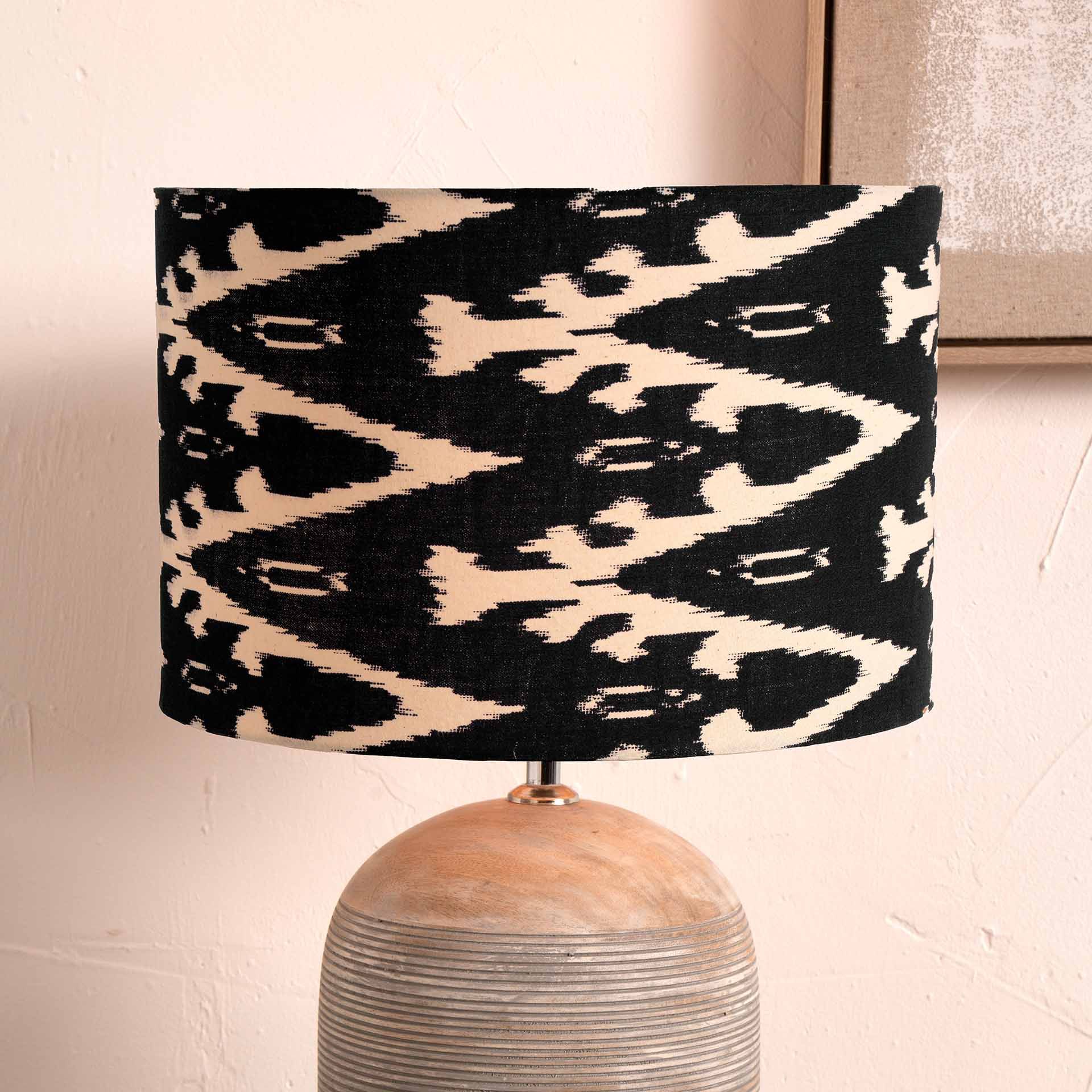 Black Ikat Patterned Cylinder Lampshade for Table Lamps