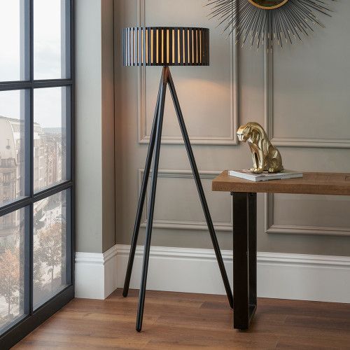 Slatted Black Wood Tripod Floor Lamp Scandi Lighting Living Room