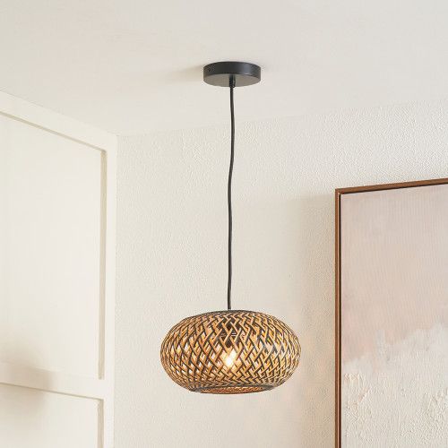 Black and Natural Rattan Dome Ceiling Light Pendant