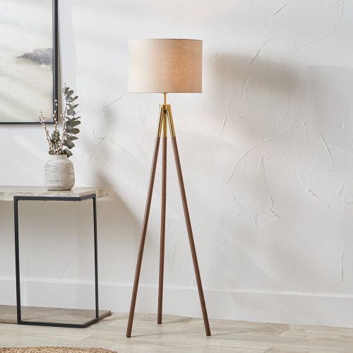 Metal and Wood Grain Tripod Floor Lamp