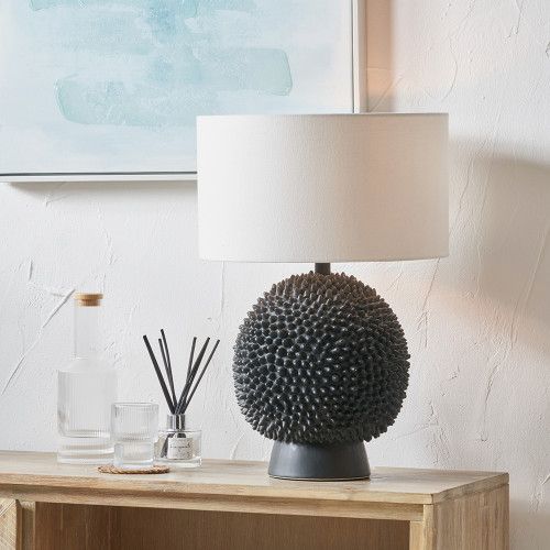 Black Ceramic Sea Urchin Table Lamp with White Handloom Cylinder Shade