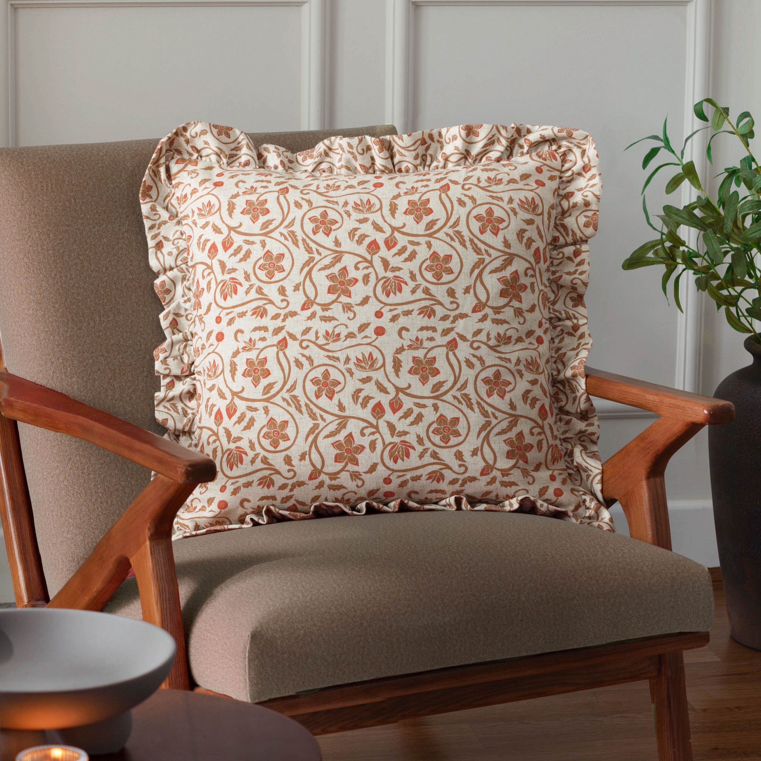 Seventy Three Linen Filigree Printed Ruffle Cushion