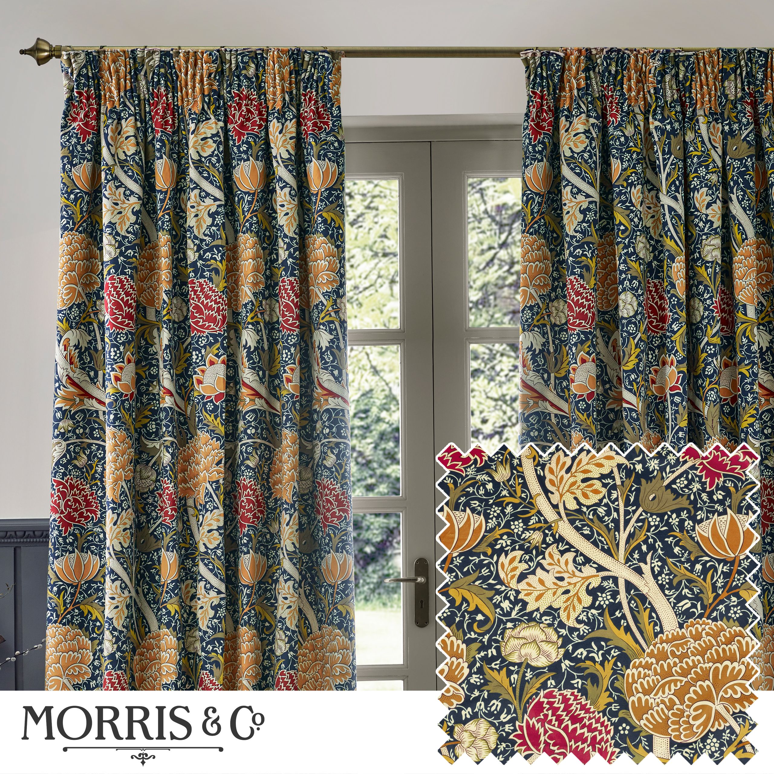 Cray Floral Velvet Room Darkening Pencil Pleat Curtains