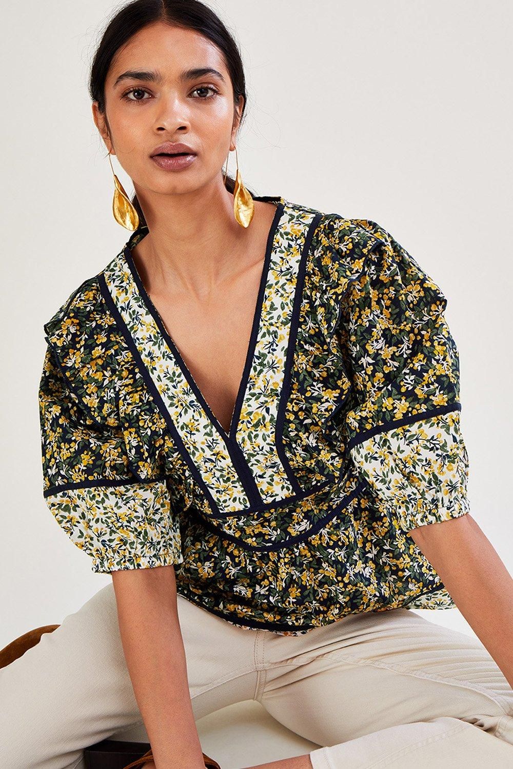 V Neck Ditsy Print Top