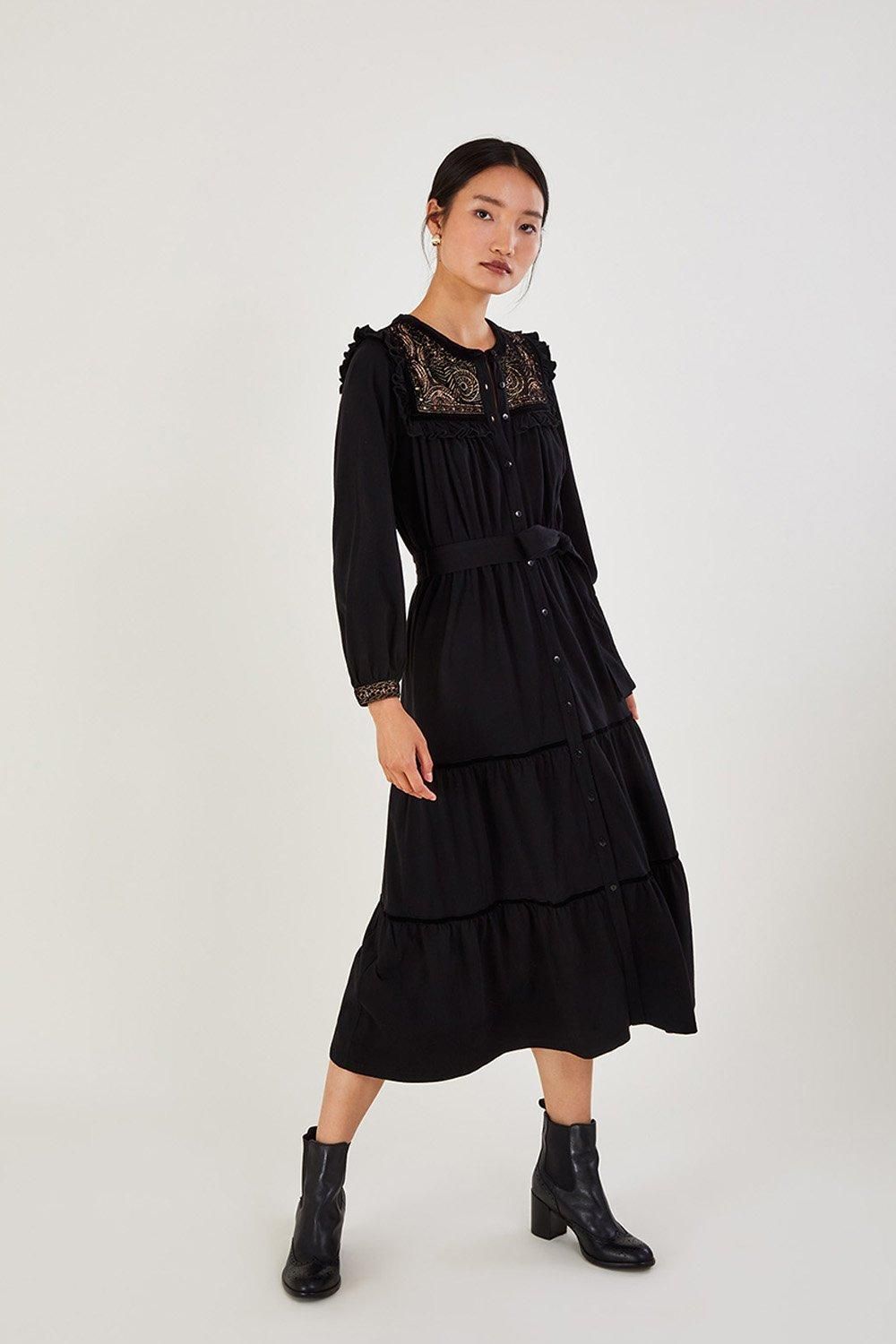 Velvet Embroidered Yoke Jersey Dress