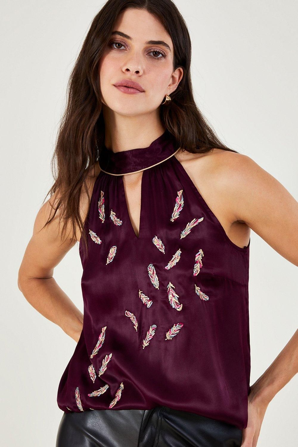 'Simone' Embroidered Feather Halter Neck Top