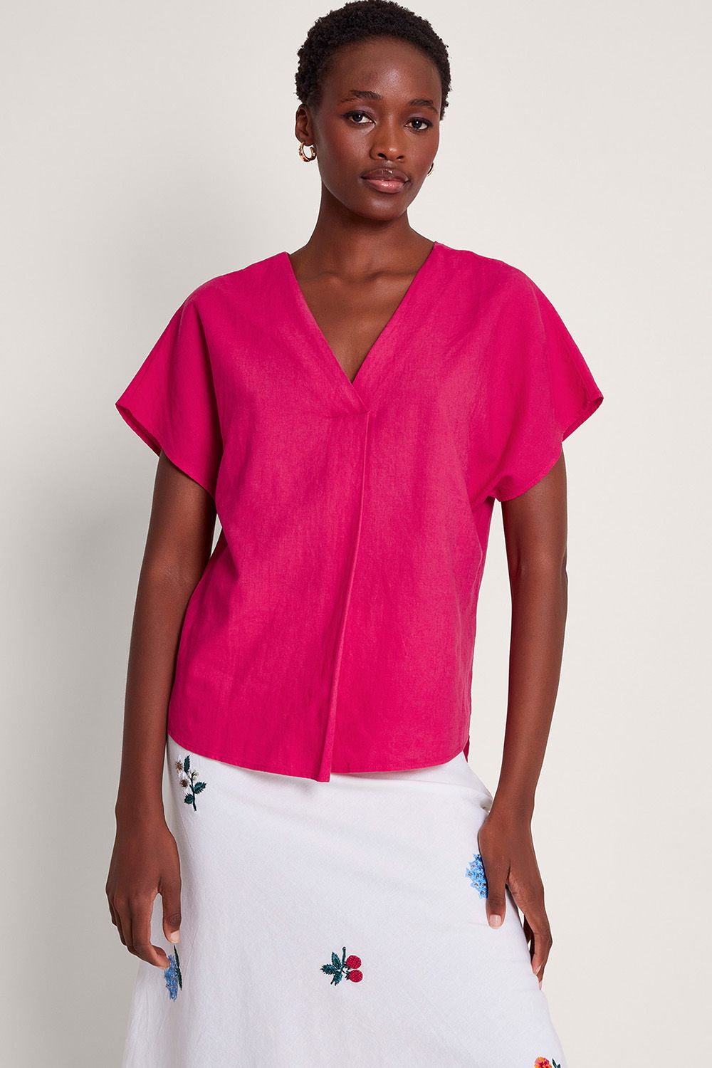Viola V-Neck Pintuck T-Shirt Pink