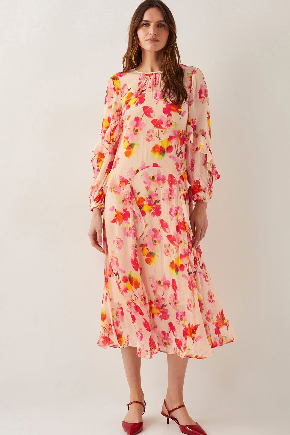 Vanna Frill Floral Print Midi Dress Ivory