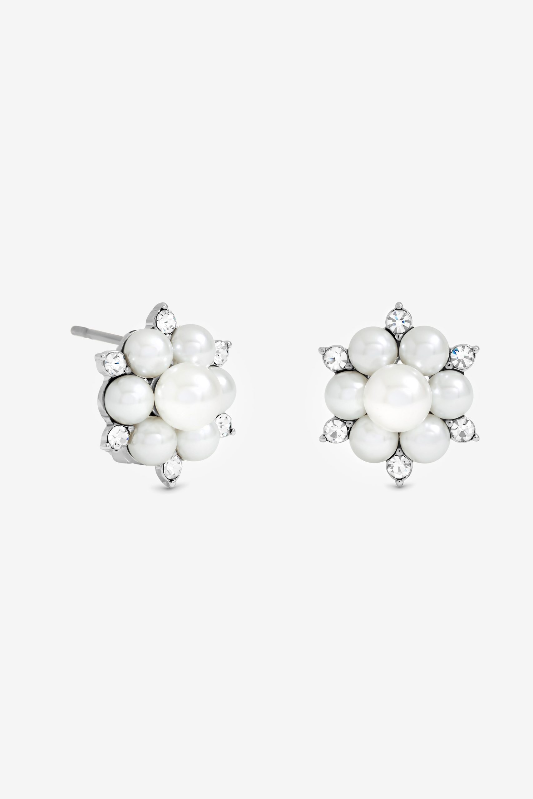 Silver Plated Crystal and Pearl Snowflake Clip Earrings