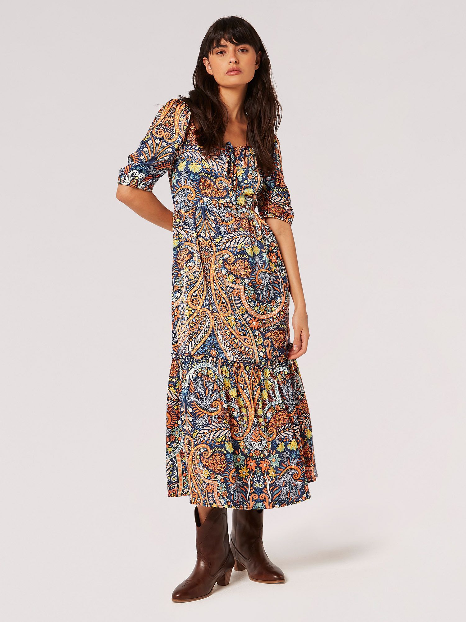 Boho Floral Satin Midi Dress