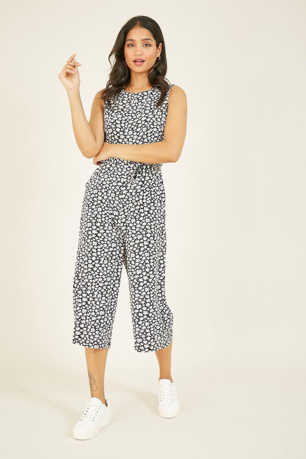 Mela Black Ditsy Daisy Culotte Jumpsuit