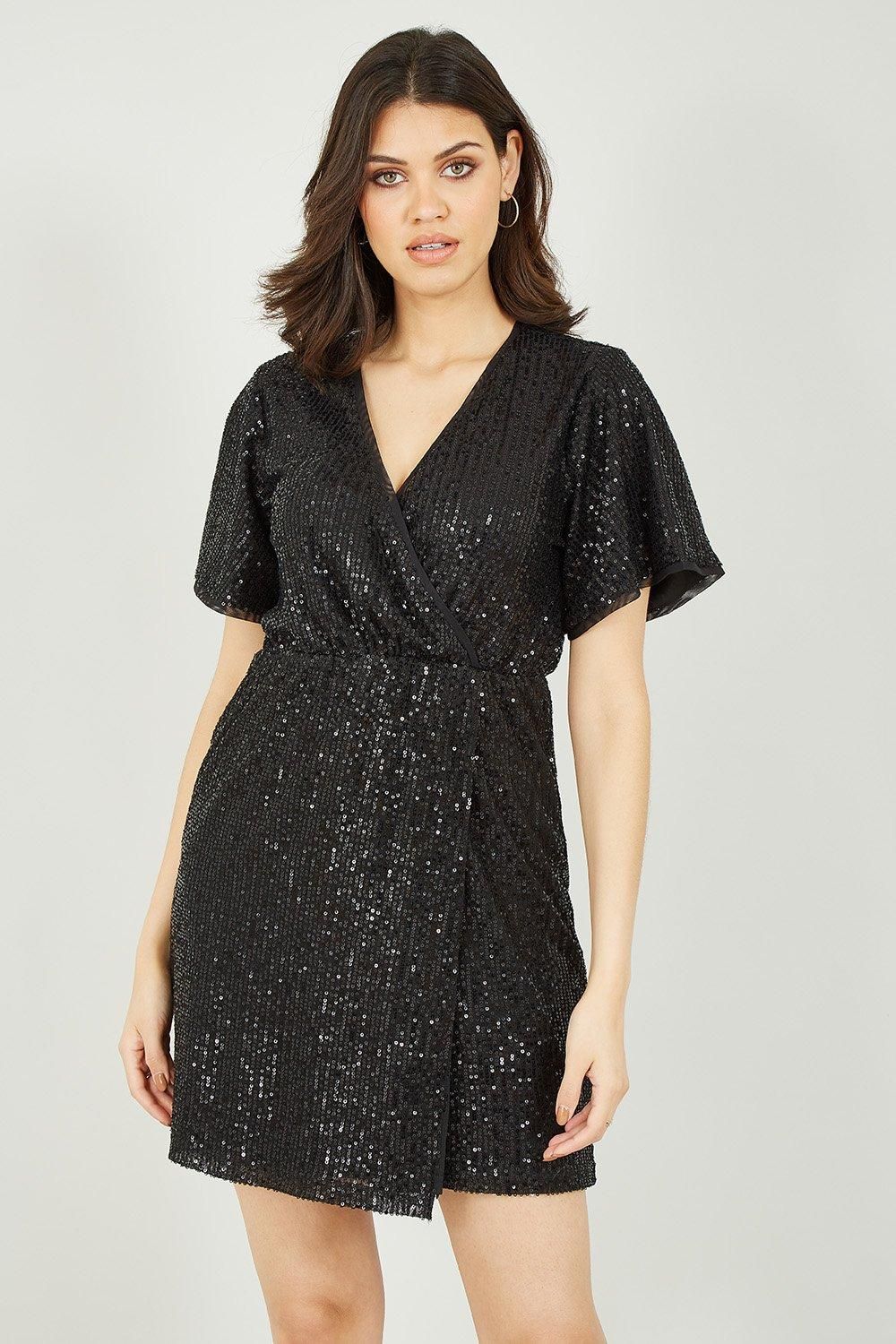 Black Sequin Kimono Sleeve Wrap Dress