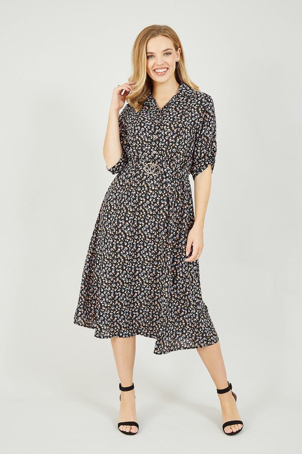 Black 'Cyanne' Ditsy Midi Dress With Gold Buckle