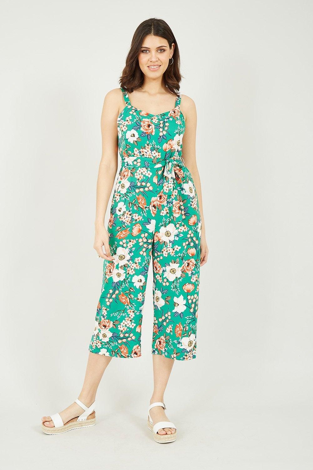 Green Floral Print Culotte Jumpsuit