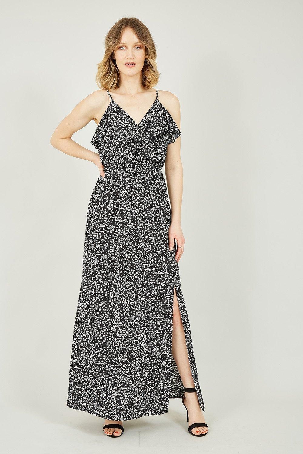 Black Ditsy Floral Frill Maxi Dress