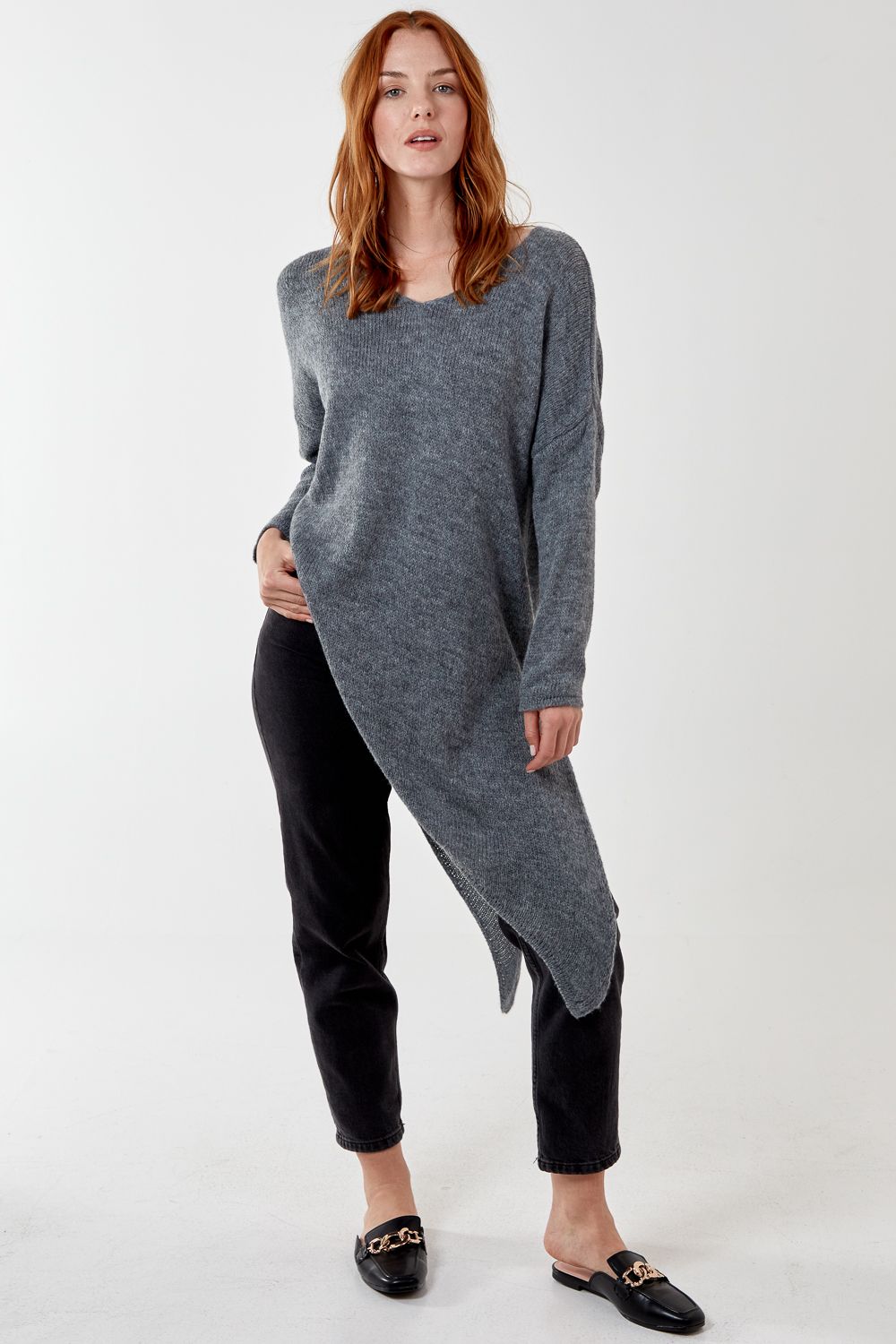 Asymmetric Knitted V Neck Jumper