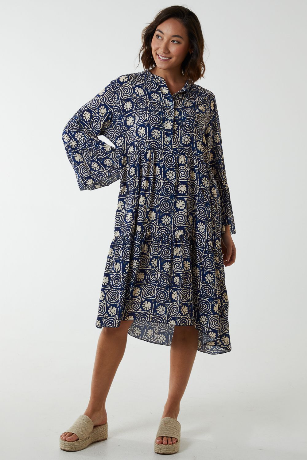 Digital Swirl Print Button Up Tiered Dress