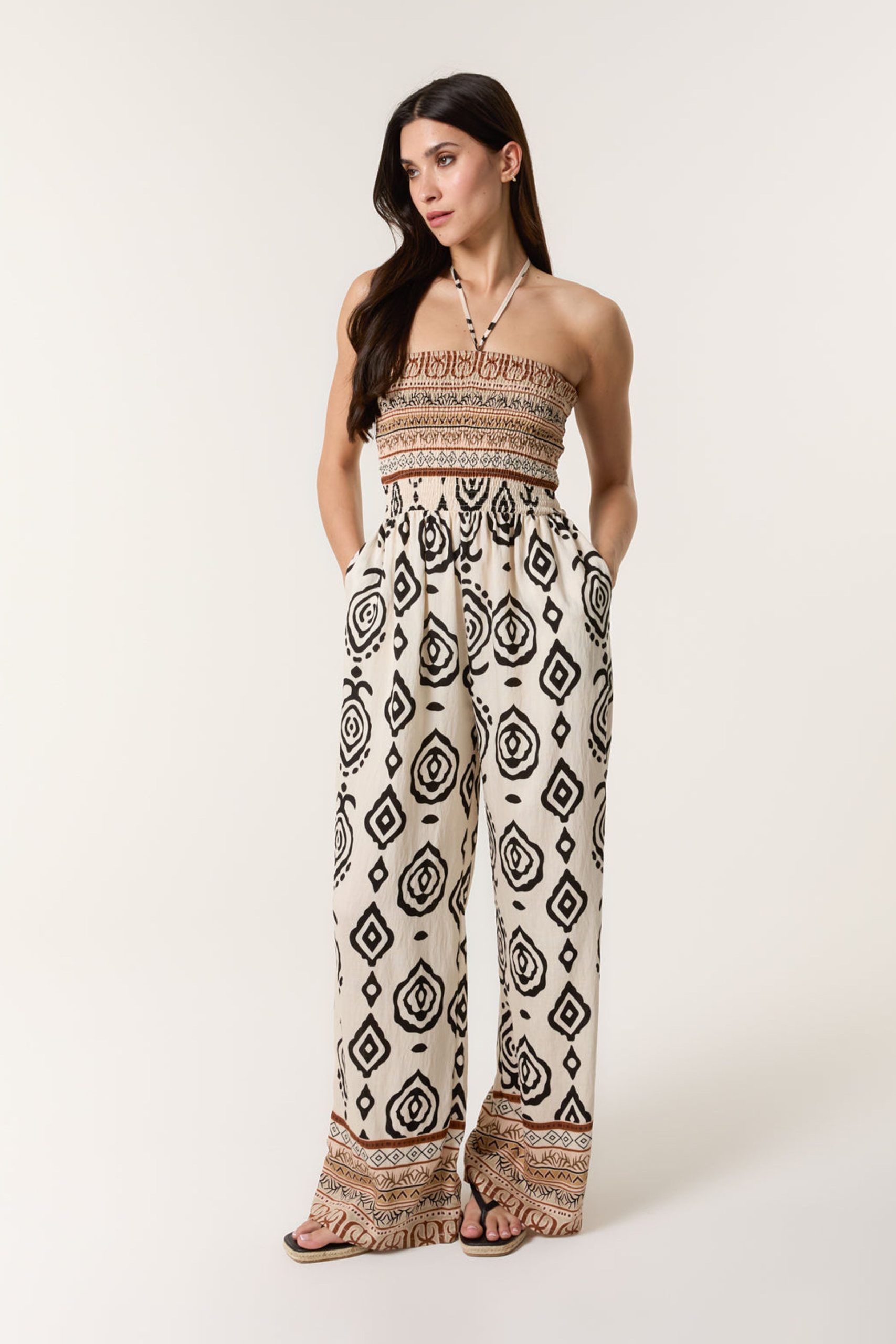 Stone Print Strapless Bandeau Shirred Jumpsuit